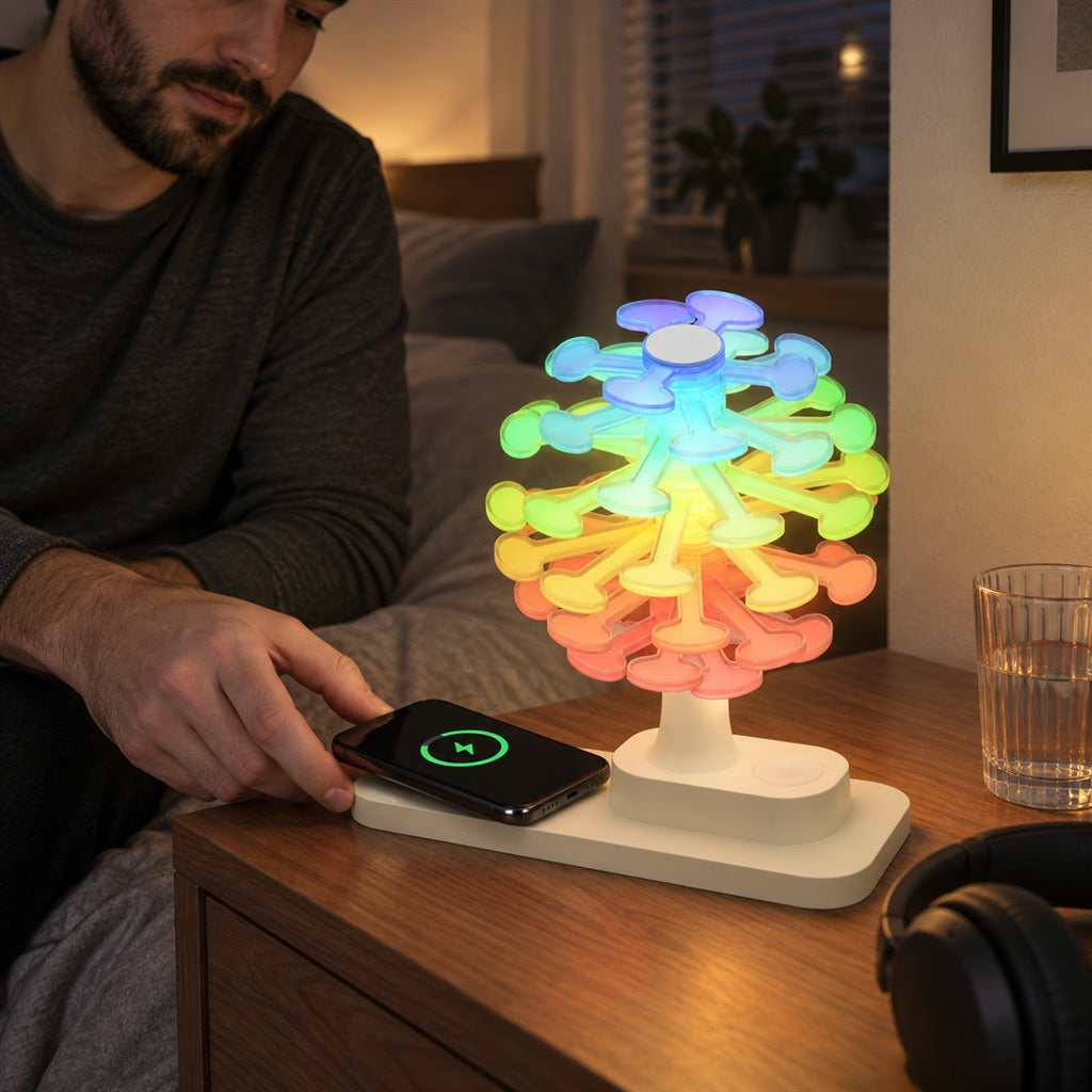 Spiralbaum-Tischlampe mit kabelloser Ladestation für Nachttisch und Schreibtisch – drehbare Lamellen, warmweißes oder mehrfarbiges Licht