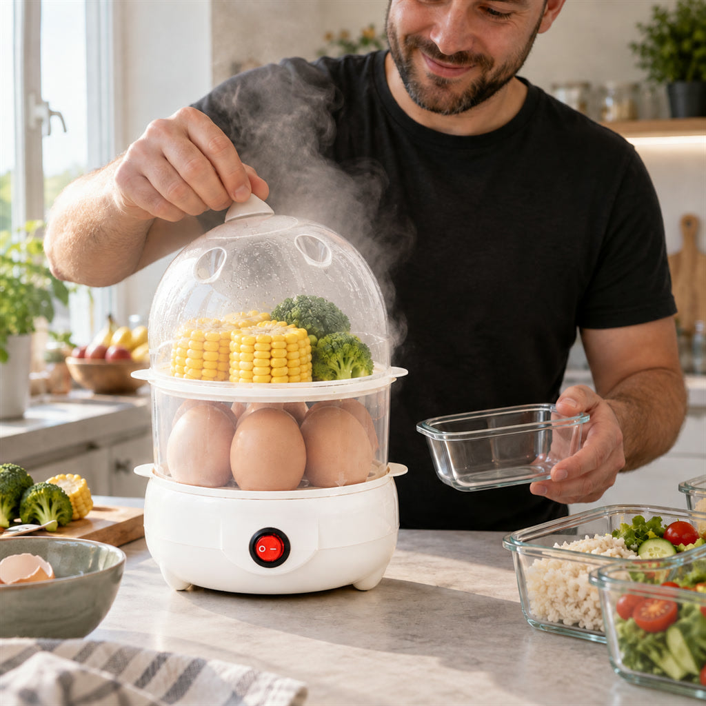 Elektrischer Eierkocher mit zwei Ebenen für Frühstück und Meal Prep – kocht und dämpft auf zwei Etagen, 350 W, 21 cm hoch, Weiß
