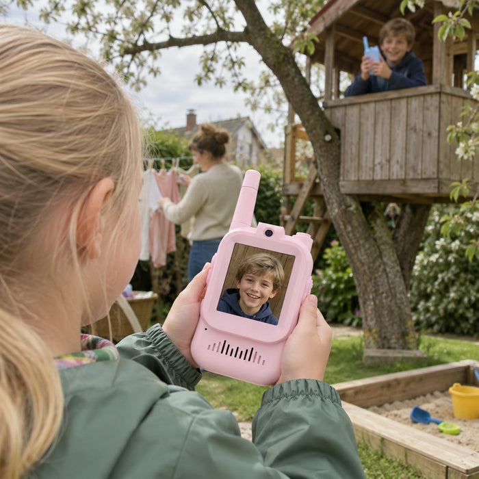 Video-Walkie-Talkies für Kinder im 2er-Pack für Garten, Baumhaus und Kinderzimmer – mit Videofunktion, Blau, Rosa oder gemischt