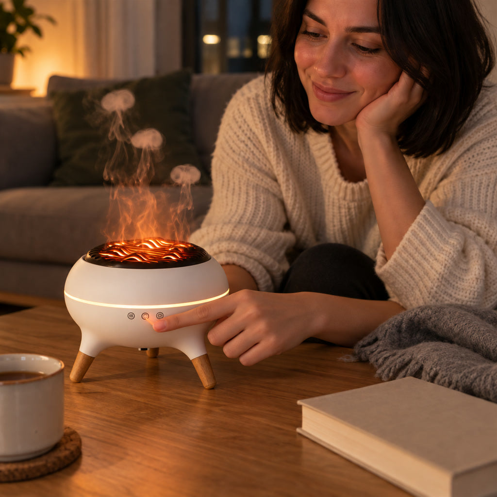Aromadiffusor mit Flammeneffekt und Nebelringen für Wohnzimmer und Schlafzimmer – 350 ml Tank, Fernbedienung, Farblicht, Weiß