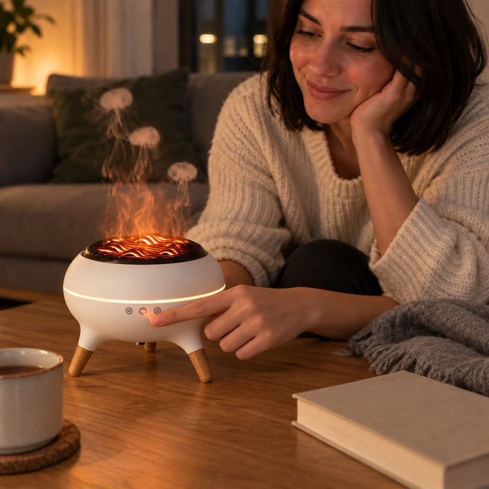 Aromadiffusor mit Flammeneffekt und Nebelringen für Wohnzimmer und Schlafzimmer – 350 ml Tank, Fernbedienung, Farblicht, Weiß