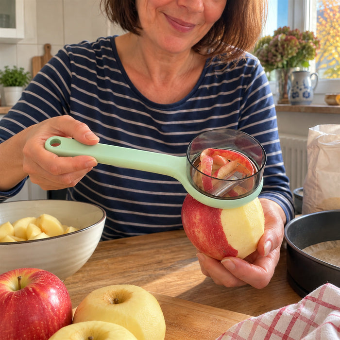 Sparschäler mit Auffangbehälter für Schalen für Obst und Gemüse – 20 cm lang, Behälter Ø 6,8 cm, Aufhängeloch, Hellgrün oder Orange