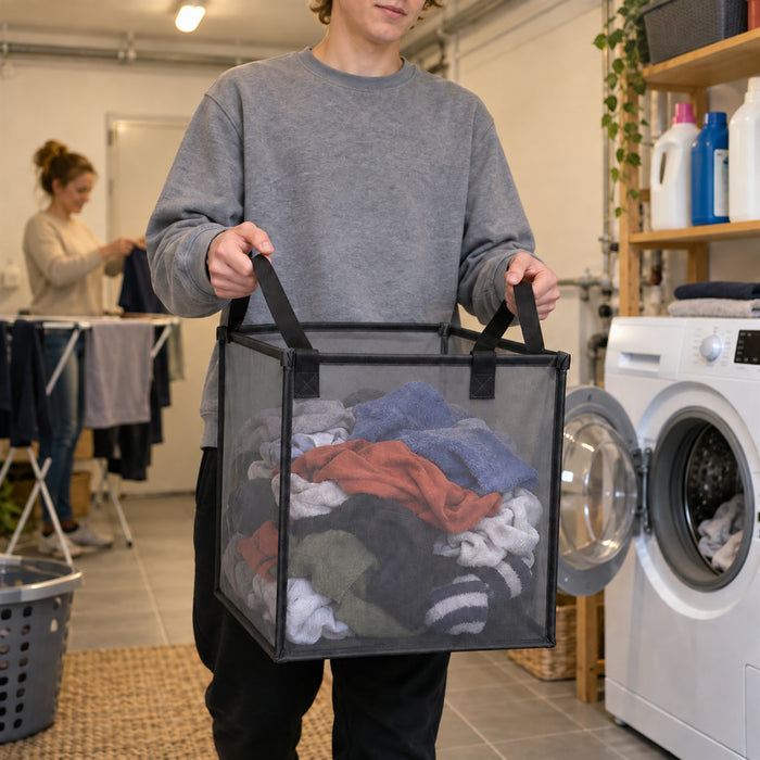 Faltbarer Wäschekorb aus Netzstoff mit Tragegriffen für Bad, Schlafzimmer und Waschküche – 33 × 33 × 33 cm, platzsparend, luftdurchlässig