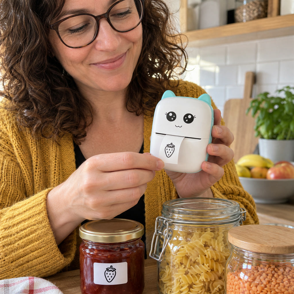 Kabelloser Mini-Thermodrucker in Katzenform für Etiketten, Notizen und Fotos – ohne Tinte, mit App, Akku, ca. 7,5 × 10 cm, Blau oder Rosa