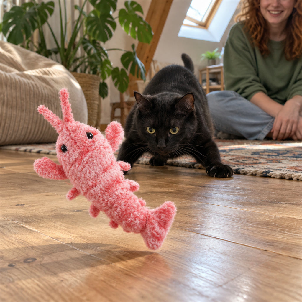 Elektrische springende Garnele als Spielzeug für Katzen und Hunde für die Wohnung – Plüsch, startet bei Berührung, USB-Akku, 3 Sprungmodi
