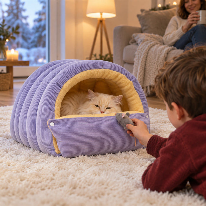 Kuschelhöhle für Katzen aus warmem Fleece für Wohnzimmer und Schlafplatz – geschützte Rückzugshöhle, Größe S oder L, Lila oder Beige