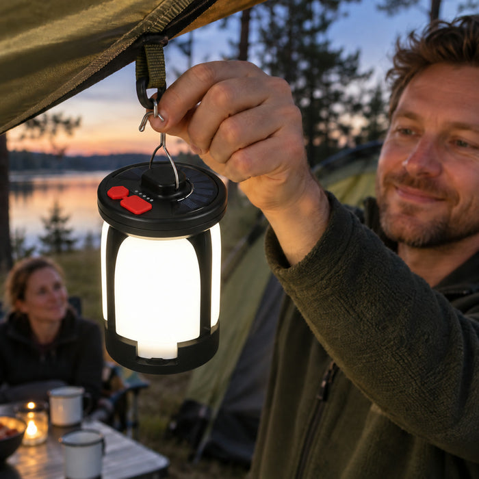 Faltbare Solar-Campinglaterne mit USB-Ladung für Zelt, Garten und Stromausfall – 3 ausklappbare Leuchtflügel, 6 Lichtmodi, IP44, Haken