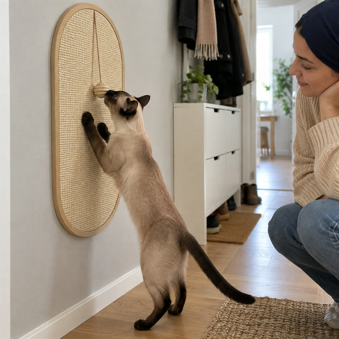 3-in-1-Katzenkratzbrett aus Sisal für die Wand für Wohnung und Flur – oval oder in Bogenform, 33 × 55 oder 36 × 58 cm, mit Spielball