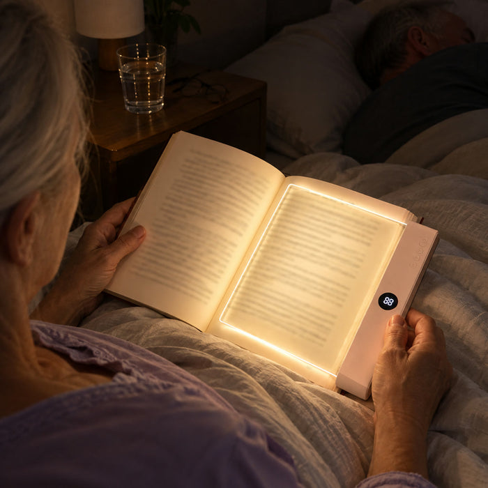 Flache LED-Leselampe für die Nacht für Bett, Reise und Lesen – Leuchtplatte zum Auflegen, Timer bis 99 Minuten, Weiß, Schwarz oder Rosa