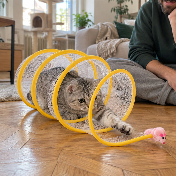 Spiralförmiger Spieltunnel für Katzen für Wohnung und Spielecke – gelbe Spiralröhre mit Netzbespannung, flach faltbar, mit Sisalball oder Maus