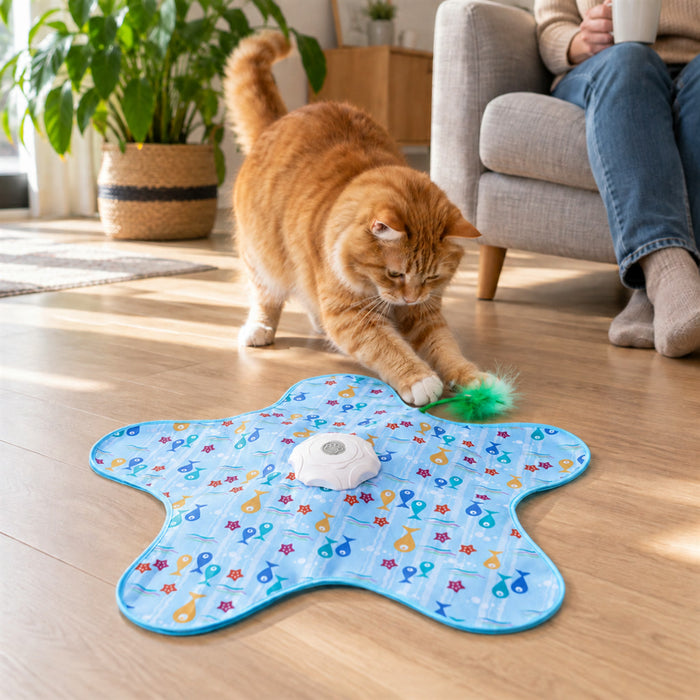 Automatisches Katzenspielzeug mit Feder unter sternförmiger Spielmatte für Wohnung und Einzelkatzen – Feder kreist verdeckt, Blau oder Grün