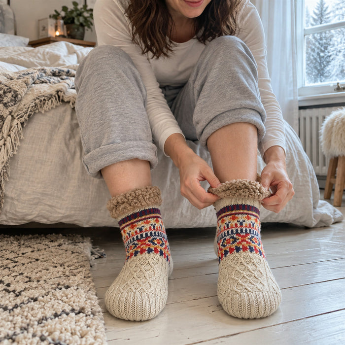 Gefütterte Hausschuhsocken mit Norwegermuster für Zuhause, Winter und Weihnachtszeit – Strick mit flauschigem Innenfutter und Umschlag, in 6 Farben