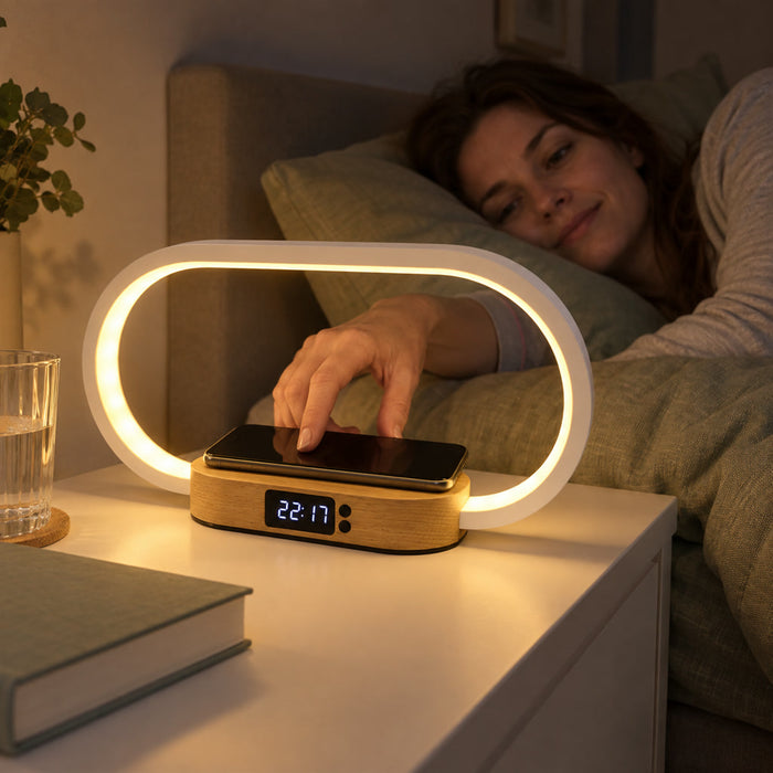 Wecker mit kabellosem Laden und Nachtlicht als 3-in-1-Station für Nachttisch und Schlafzimmer – Uhr, Ladegerät und Licht