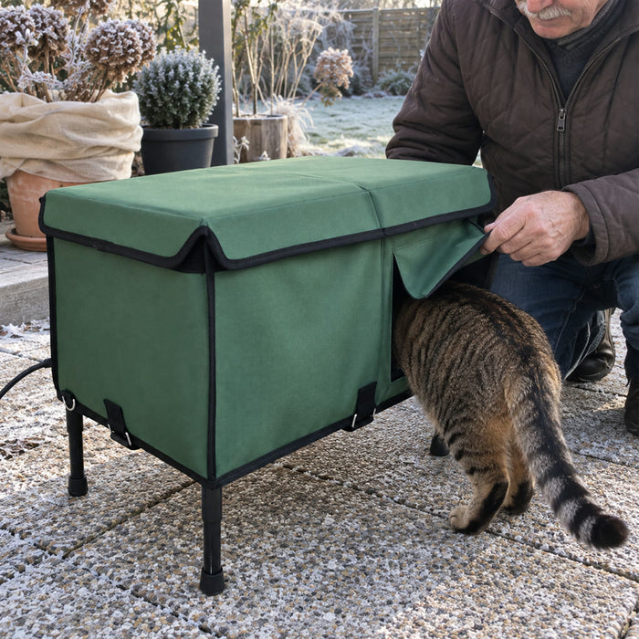 Beheiztes Outdoor-Katzenhaus für den Winter für Garten, Terrasse und Balkon – 43 × 33 × 43 bis 65 × 42 × 45 cm, wetterfester Unterschlupf