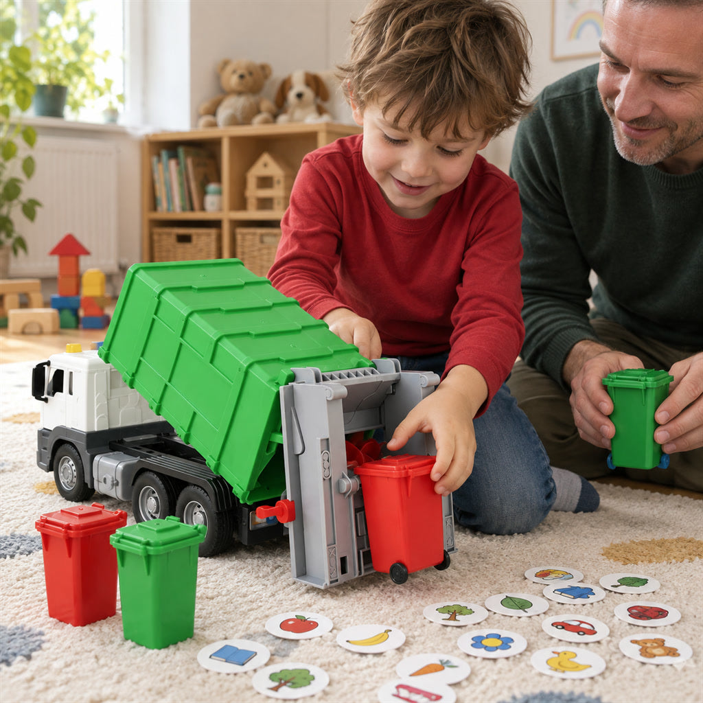 Interaktiver Müllwagen für Kinder als Spielfahrzeug für Kinderzimmer und Rollenspiel – Grün, Blau oder Orange