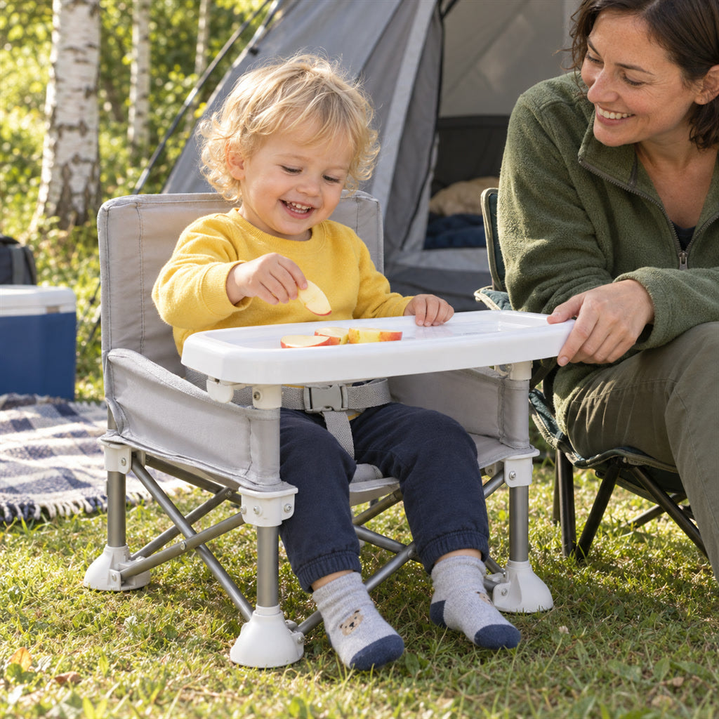 Klappbarer Kindersitz mit Esstablett und Sicherheitsgurt für Camping, Garten und Picknick – tragbarer Kleinkindstuhl mit Faltgestell, Grau oder Rosa