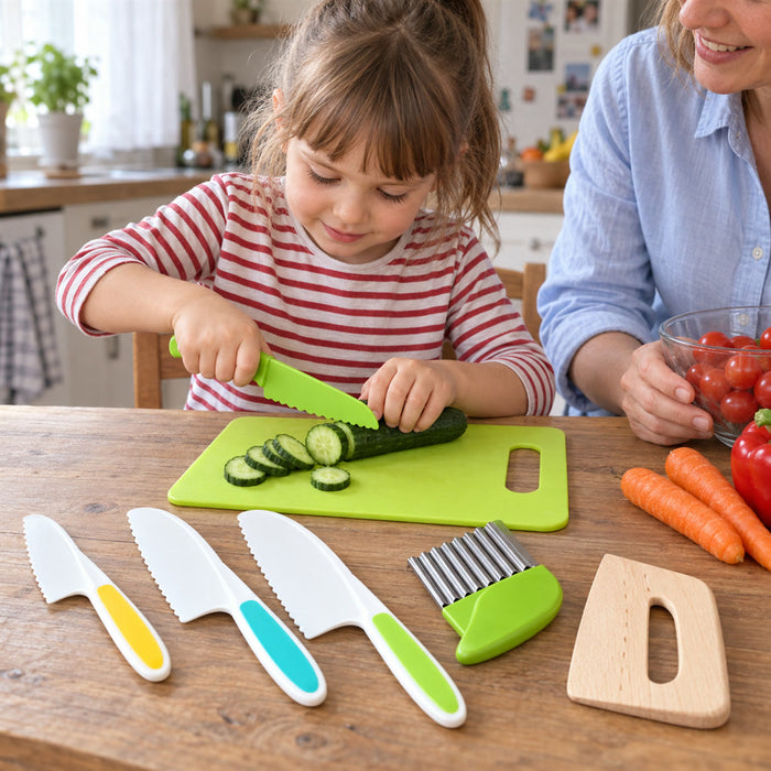 13-teiliges Kinder-Küchenset mit Kindermessern, Wellenschneider und Schneidebrett für erste Kocherfahrungen – Küchenwerkzeug für kleine Helfer