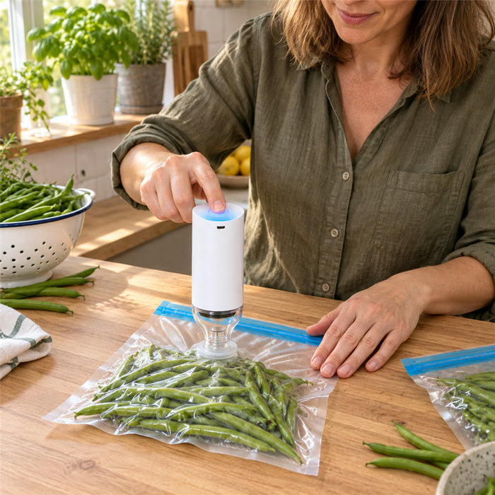 Akku-Vakuumierer für Lebensmittel mit 15 Ventilbeuteln für Küche, Camping und Picknick – 60 kPa, 1200 mAh, USB-Ladung, rund 190 g