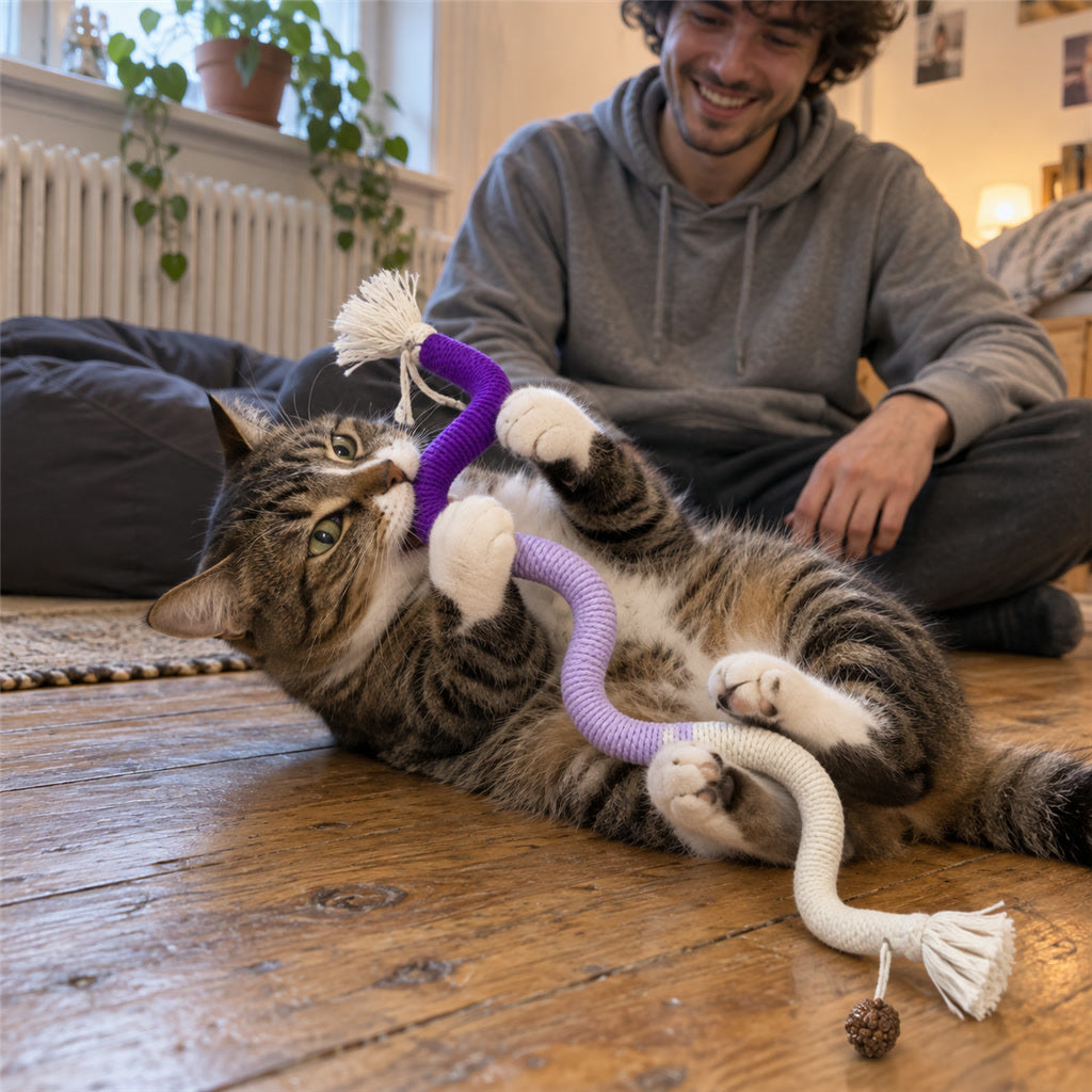 Katzenspielzeug aus Baumwollseil mit Silvervine-Bällen zum Kauen und Treten für drinnen – Quasten an den Enden, leise, waschbar