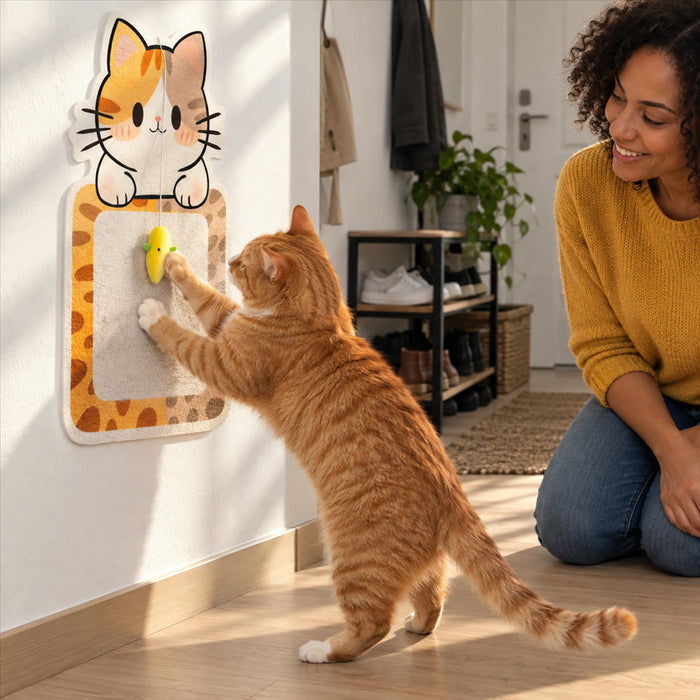 Kratzbrett für Katzen zur Wandmontage aus Filz mit Spielzeug für die Wohnung – selbstklebend, senkrecht, ohne Werkzeug, 3 Motive