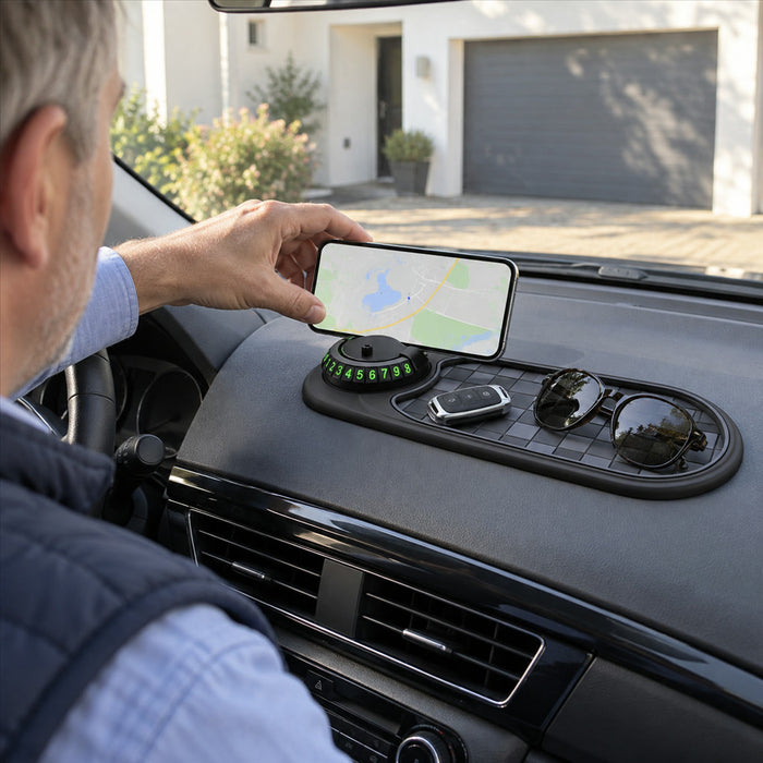 Antirutschmatte fürs Armaturenbrett mit Handyhalterung und verdeckbarer Parknummer für Navigation und Ablage – PVC, Teleskopfeder, Schwarz oder Braun
