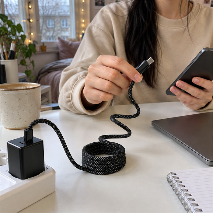 Magnetisches Ladekabel mit Selbstaufrollung für Smartphone und Tablet – 1 m, geflochten, 480 Mbit/s, USB-C oder Lightning, 4 Anschlussarten