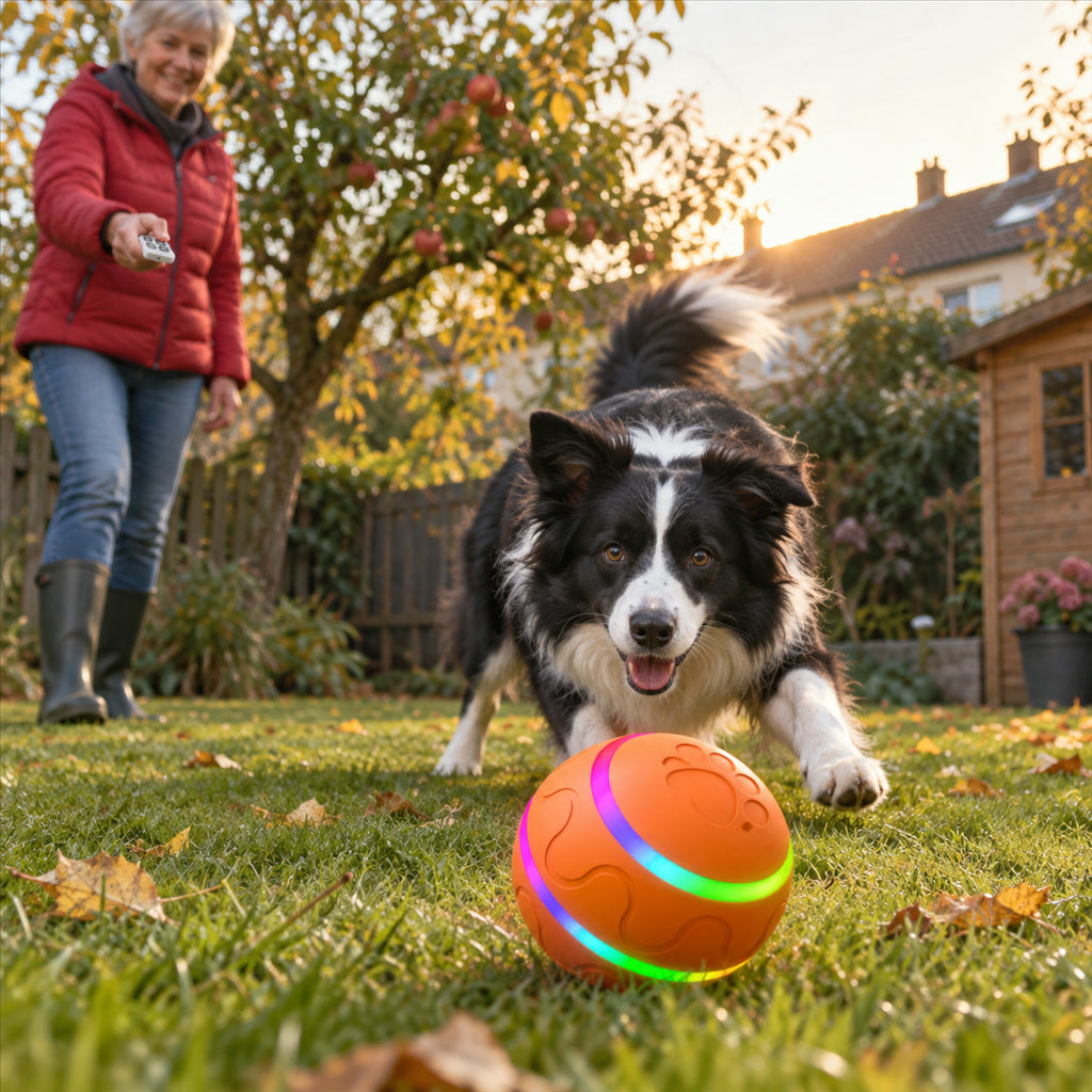 Interaktiver Hundeball mit Fernbedienung und LED-Licht für drinnen und draußen – USB-Akku, 2 Modi, IP54, Reichweite 30 m, 3 Farben