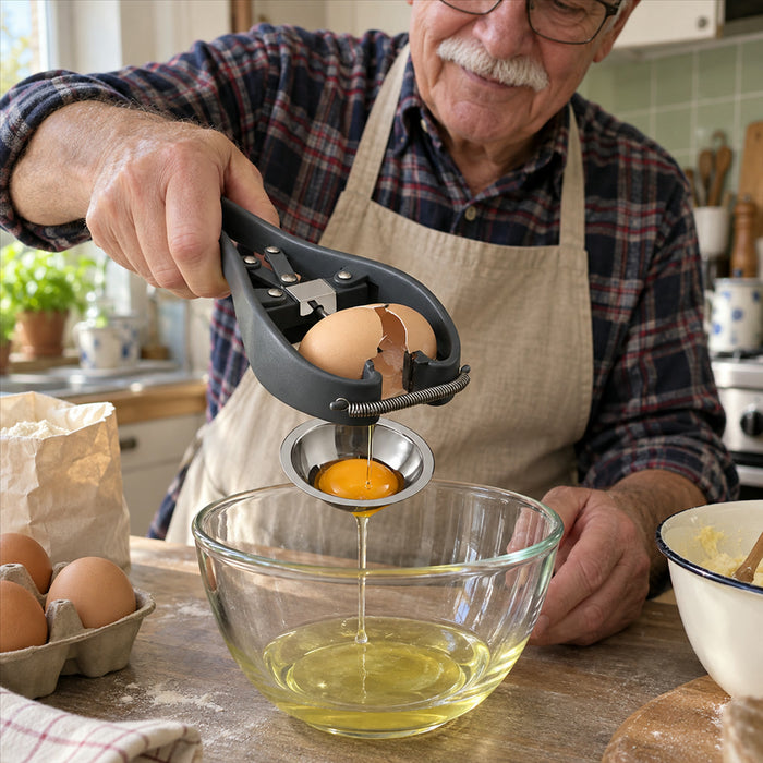 Eieröffner mit Eigelbtrenner zum Aufschlagen roher Eier beim Backen und Kochen – Zangengriff mit Rückstellfeder, Trennsieb aus Edelstahl, 2-in-1
