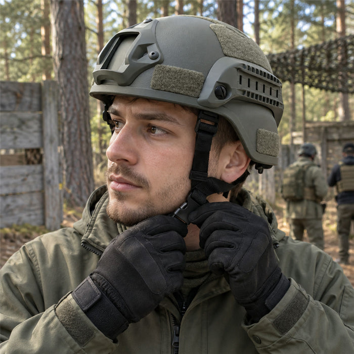 Taktischer Helm für Airsoft und Paintball mit Zubehörschienen und Belüftung – ABS-Schale, EPS-Futter, Kinnriemen, Kopfumfang 55 bis 57 cm