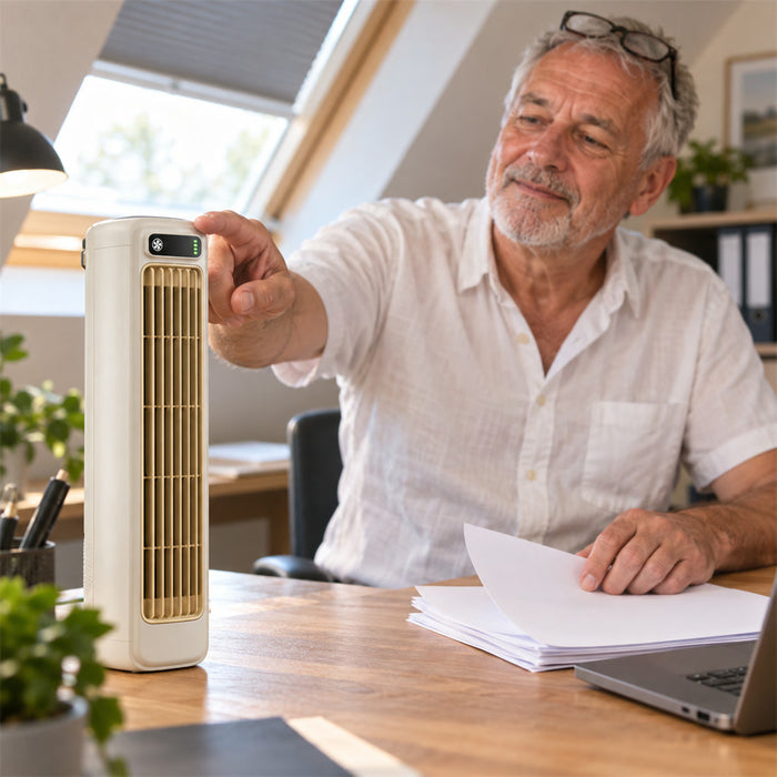 Tragbarer Akku-Tischventilator mit 90° Oszillation für kleine Innenräume – 3 Stufen, 36 dB, Touch-Bedienung, ca. 31 cm hoch, Weiß oder Grau