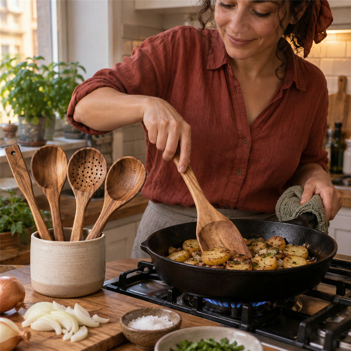 Küchenhelfer-Set aus Holz 5-teilig mit Pfannenwendern, Kochlöffeln und Schaumlöffel zum Rühren, Wenden und Schöpfen – Holzmaserung, Aufhängeloch