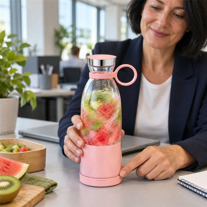 Tragbarer Akku-Mixer für Smoothies, Shakes und Säfte für Büro, Fitnessstudio und Reisen – 350 ml, Edelstahlklingen, Trageschlaufe, Rosa oder Weiß
