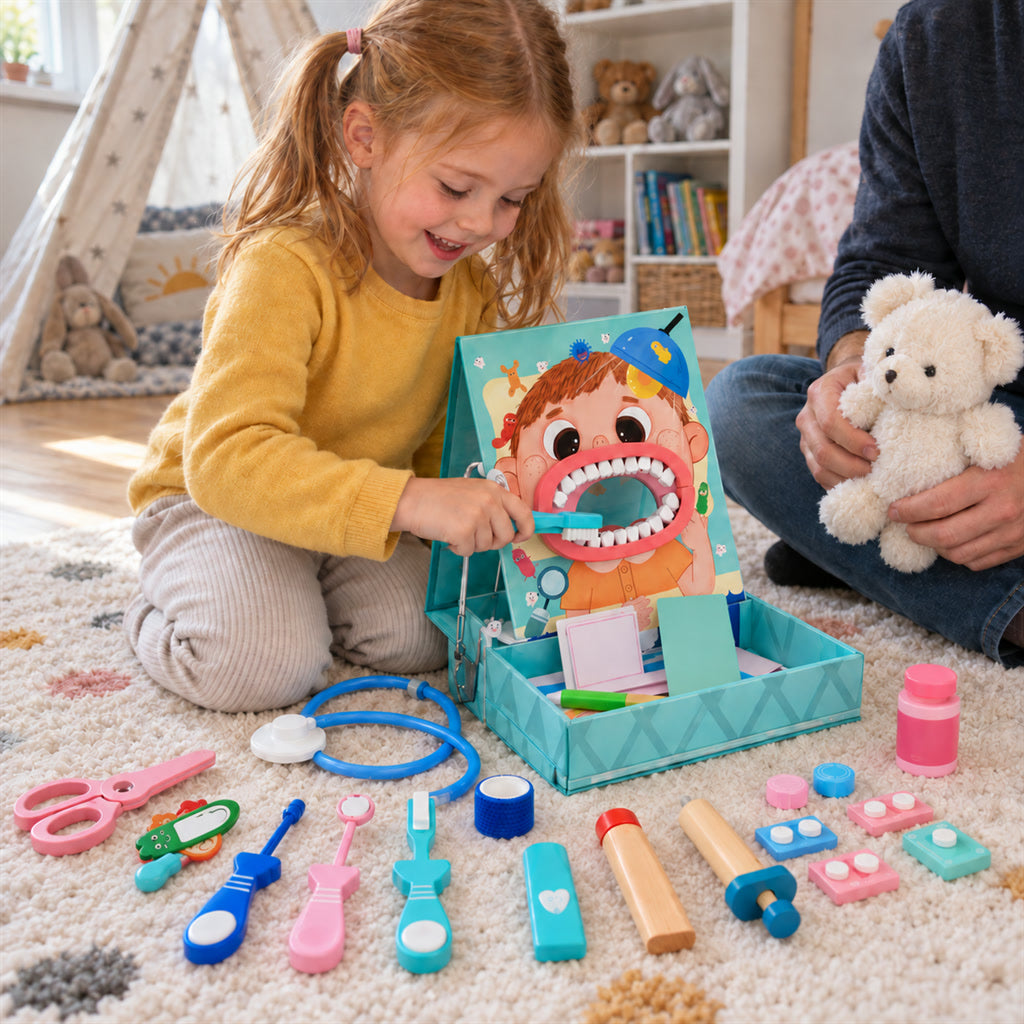 Zahnarzt-Rollenspielset für Kinder mit großem Gebiss zum Zähneputzen im Kinderzimmer – Spielset in Box, Blau erweitert oder Rosa Basis