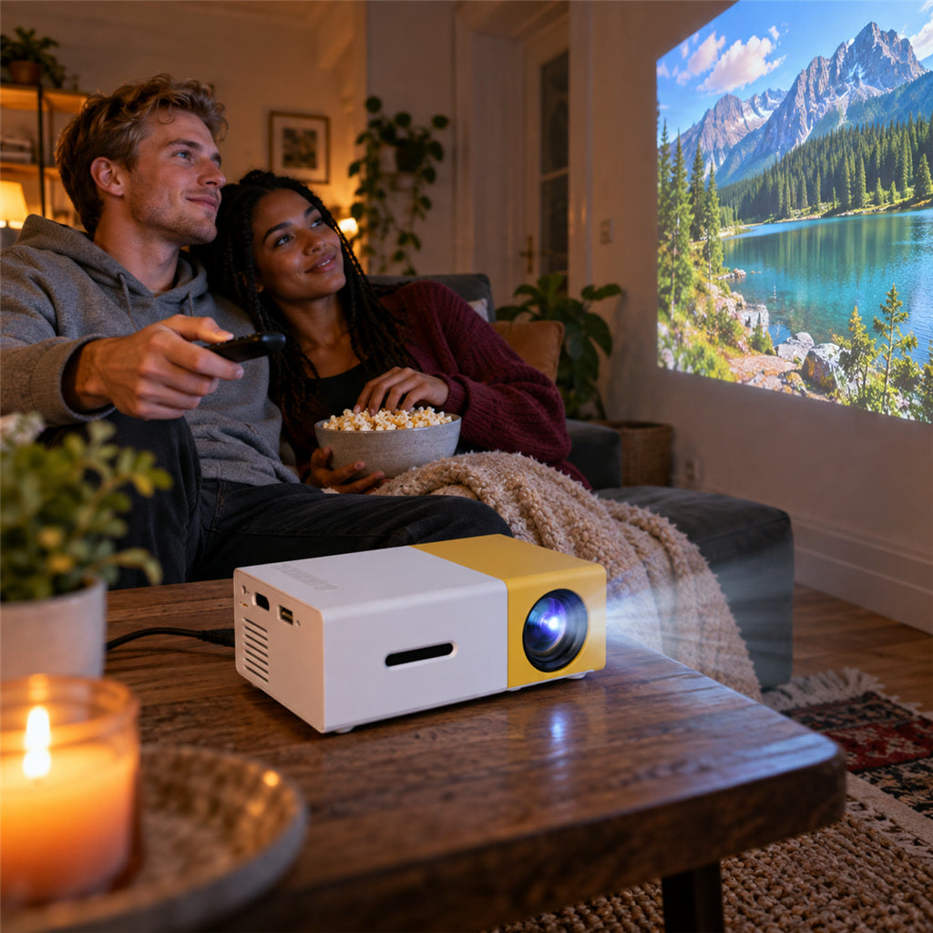 Mini-Beamer mit HD-Bild und Fernbedienung für Heimkino, Gaming und Präsentationen – HDMI, USB, TF-Karte, AV-Eingang, mit Netzteil, Gelb-Weiß