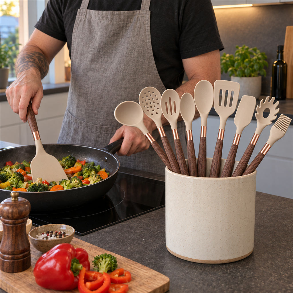 Küchenutensilien-Set 10-teilig mit Suppenkelle, Wender und Backpinsel für beschichtete Pfannen – kratzfrei, hitzebeständig, 29 bis 34 cm