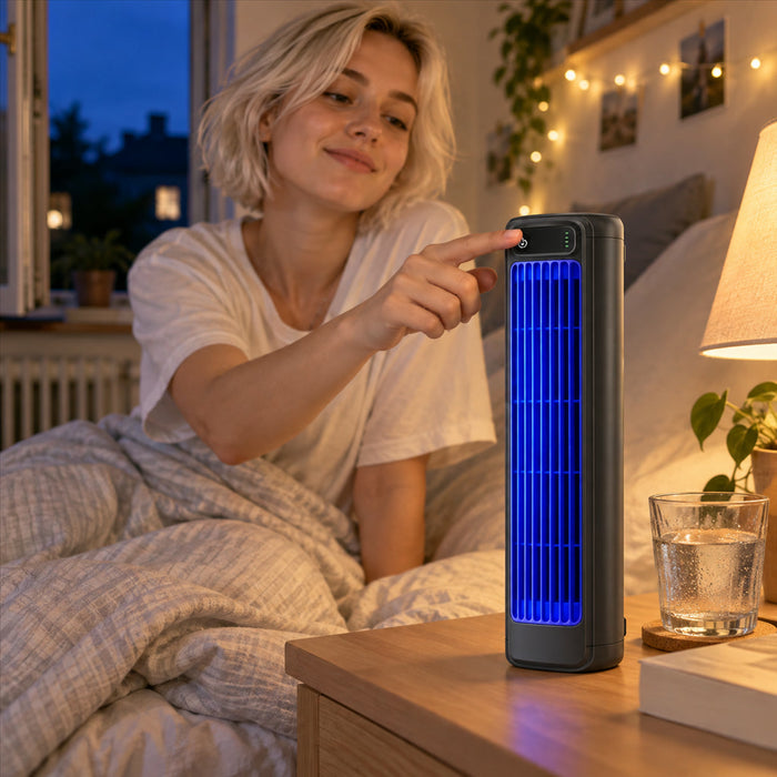Tragbarer Akku-Luftkühler in Turmform mit Wassertank für Schreibtisch, Schlafzimmer und Büro – stehend oder liegend, 3 Stufen, 36 dB, bis 8 Stunden