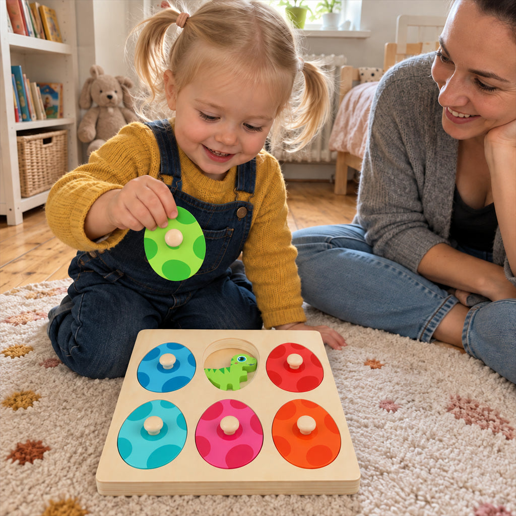 Holzpuzzle mit Dinosaurier-Eiern zum Zuordnen für kleine Kinder – 6 Eier, 6 Dinosaurier, Spielbrett, große Griffknöpfe, wasserbasierte Farben