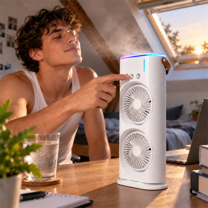 Tragbarer Doppelkopf-Ventilator mit Sprühnebel und RGB-Nachtlicht für Schreibtisch und Nachttisch – USB-Akku, 3 Stufen, oszillierend