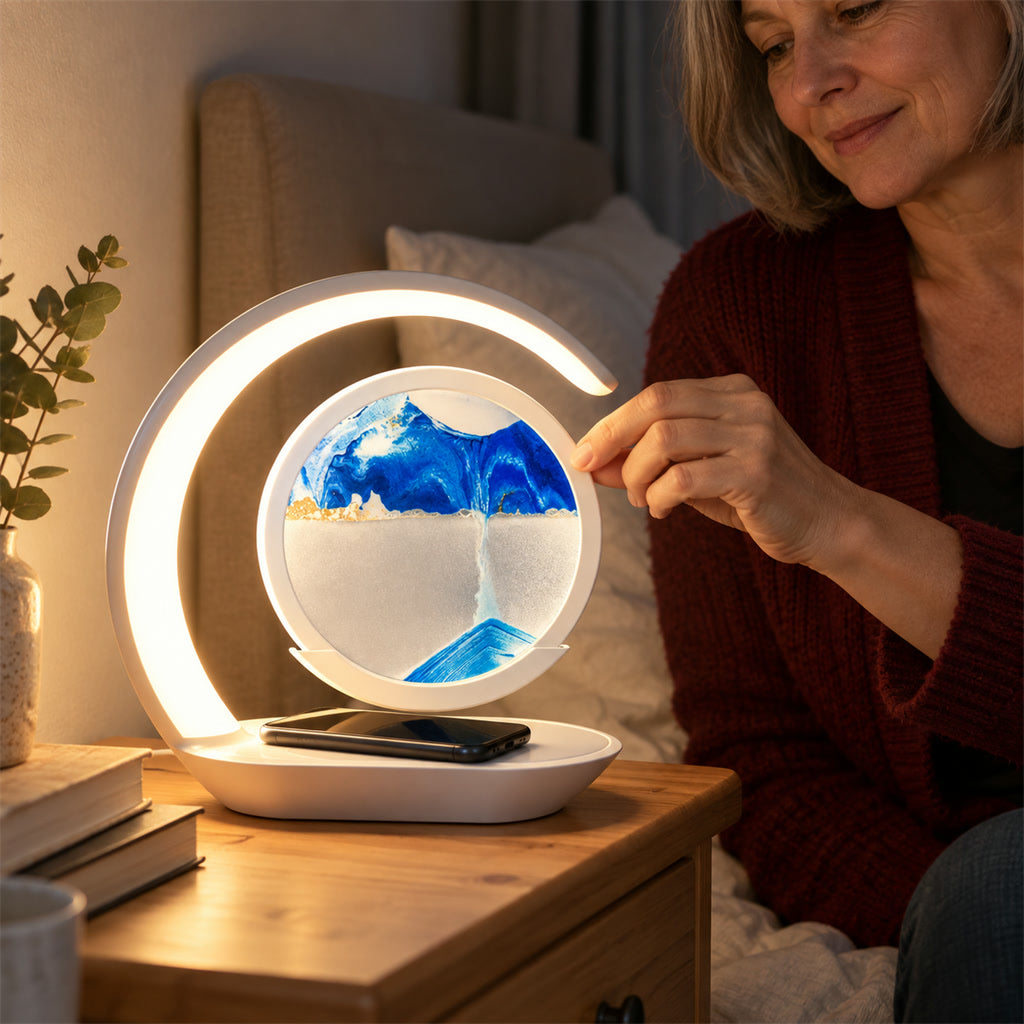 Tischlampe mit bewegtem 3D-Sandbild und kabellosem Ladegerät für Nachttisch und Schreibtisch – 15 W Laden, Akku, Nachtlicht, Blau oder Orange