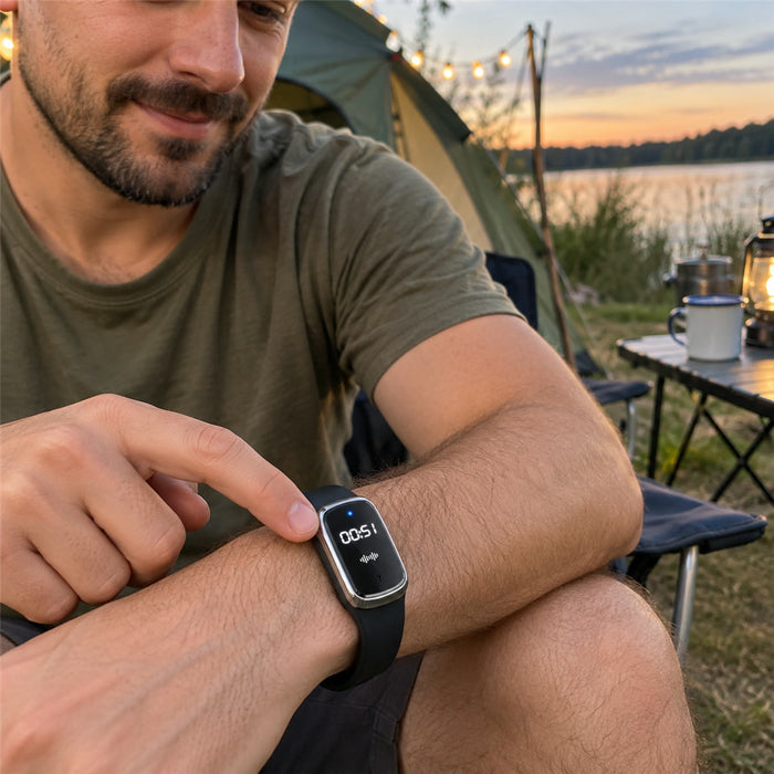 Ultraschall-Mückenschutz-Armband mit USB-Akku für drinnen und draußen – 3 Modi, wasserfest bis 3 bar, Silikonband, Schwarz, Weiß, Rosa