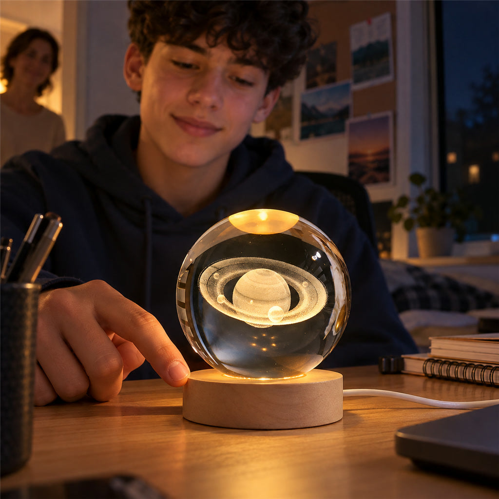 Kugellampe mit 3D-Innengravur und LED-Sockel als Stimmungslicht für Tisch und Regal – Touch-Schalter, 4 Motive wie Mond und Saturn