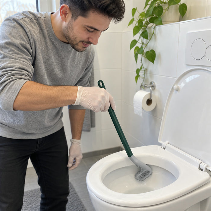 Toilettenbürste mit flachem Bürstenkopf in Golfschläger-Form und langem Stiel für Badezimmer und WC – weiche Borsten, Aufhängeöse, in 4 Farben