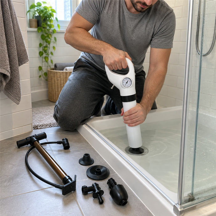 Druckluft-Rohrreiniger mit Manometer und Luftpumpe zum Lösen von Verstopfungen in Toilette und Abflüssen – ohne Chemie, 4 Aufsätze, Set