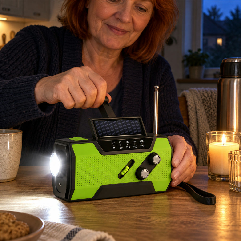 Notfallradio mit Handkurbel, Solarpanel und Handy-Ladefunktion für Notfälle und unterwegs – MW/UKW, Taschenlampe, SOS-Alarm, 4000 mAh
