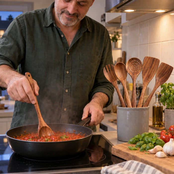 Küchenutensilien-Set aus Holz zum Kochen und Anrichten für beschichtete Töpfe und Pfannen – 6-teilig, Kochlöffel und Wender
