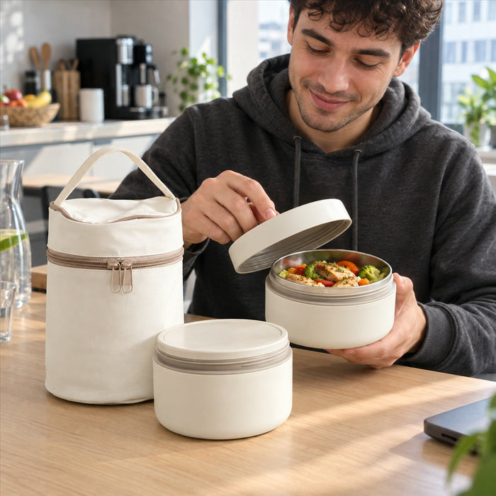 Runde Lunchbox im Set mit Tragetasche für Mittagessen zum Mitnehmen und Essensreste – 2 Speisebehälter mit Griffdeckel, Tasche mit Reißverschluss