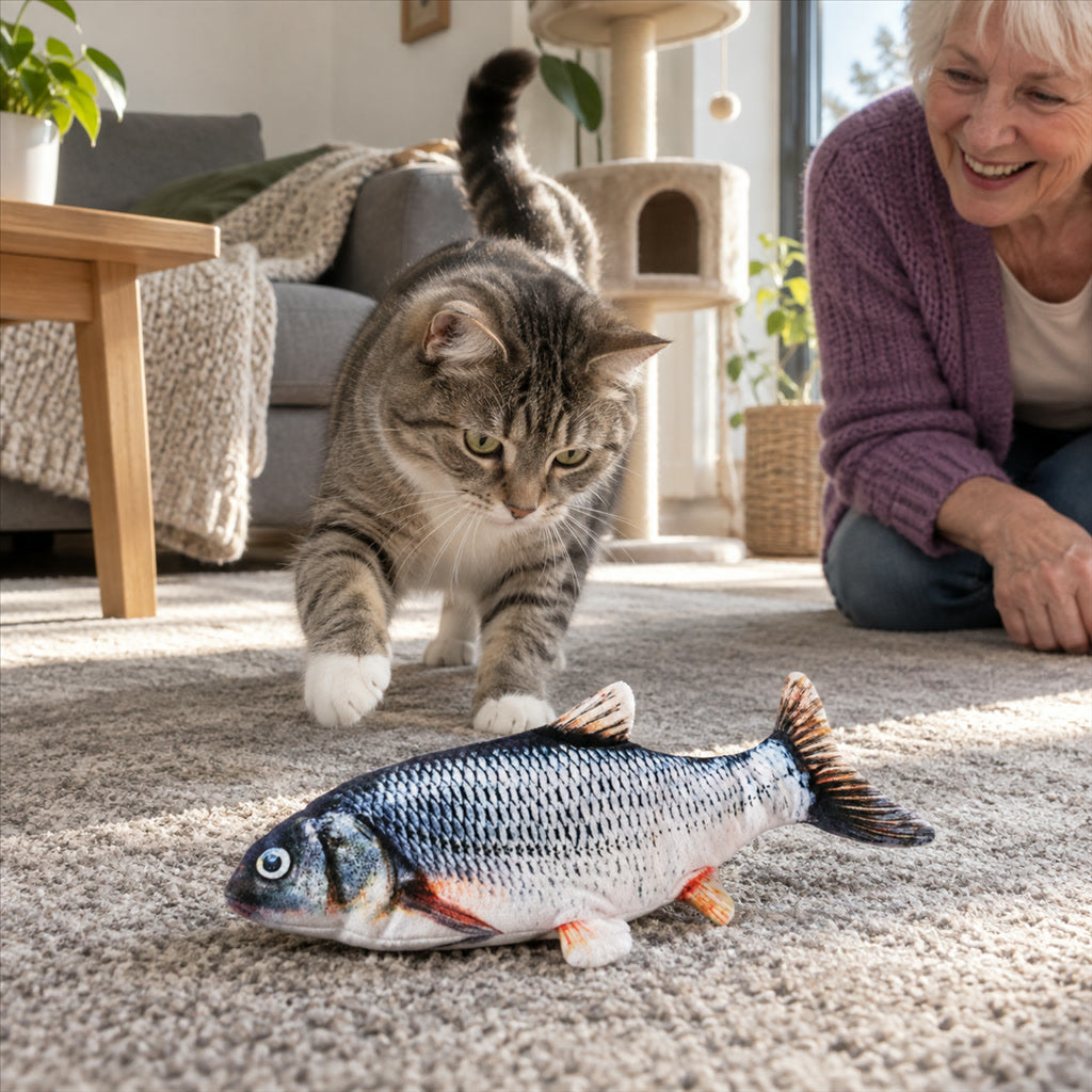Zappelnder Plüschfisch als Katzenspielzeug mit USB-Akku zum Jagen und Spielen – Karpfen oder Lachs, ca. 27–28 cm, Baumwolle und Plüsch