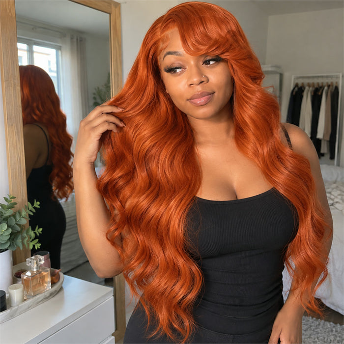 Lange Lace-Front-Perücke aus Echthaar mit Body Wave für Alltag und Anlässe – Kupfer-Ingwerrot, 41–91 cm, Spitze 13 × 4 oder 13 × 6, 180/200 %