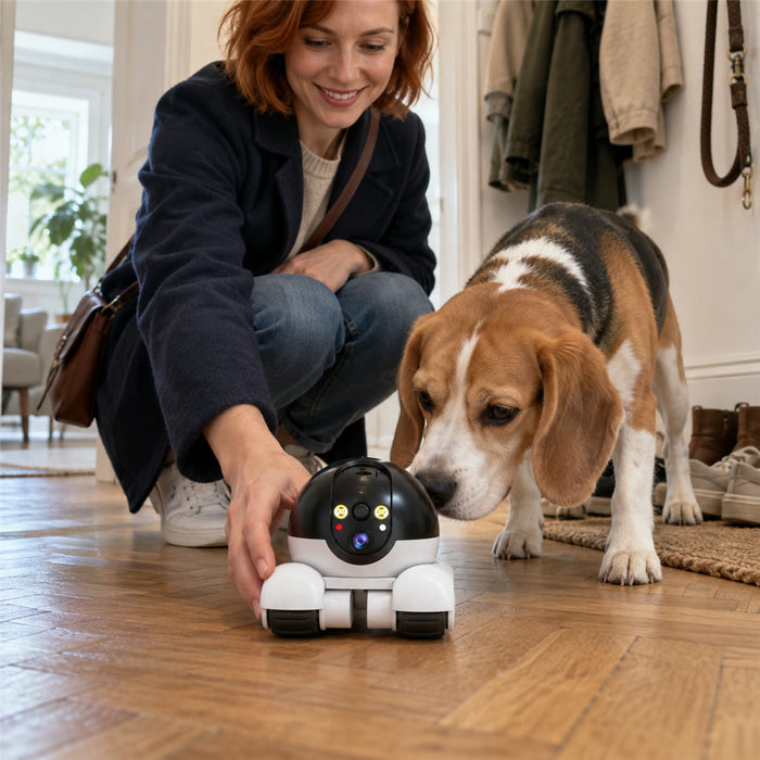 Fahrbare WLAN-Haustierkamera für Hund und Katze zur Überwachung der Wohnung per App – 1080p, Nachtsicht, Zwei-Wege-Audio, ca. 11 cm