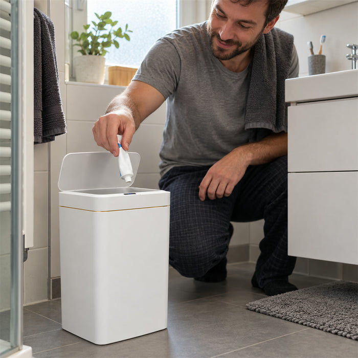 Sensor-Mülleimer mit automatischem Deckel für Küche, Bad und Büro – berührungslos per Infrarot, ca. 15 l, schmal, IPX5, Weiß